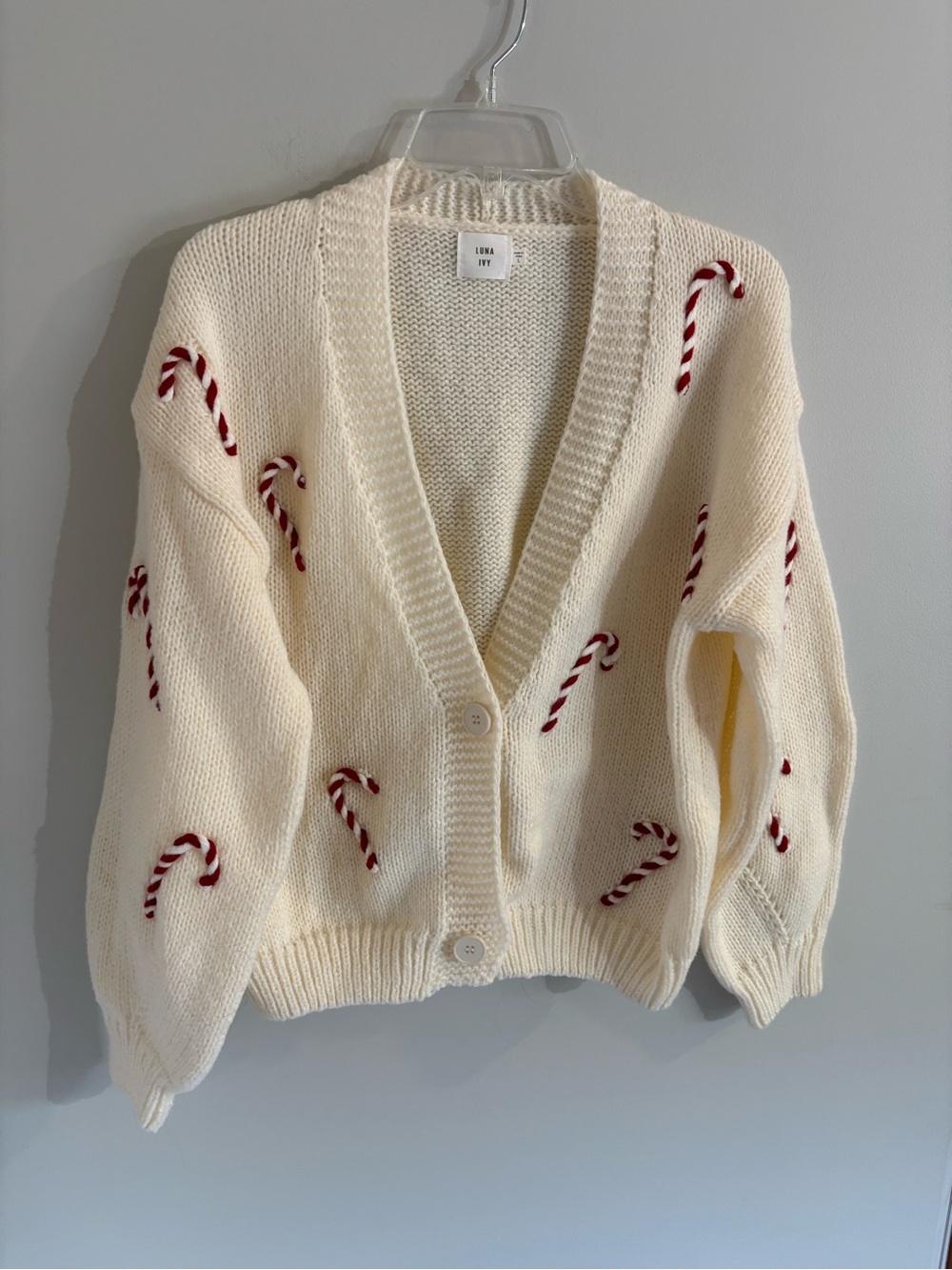 Luna Ivy Cream Cardigan 3D Candy Cane Pattern Button Front Size L